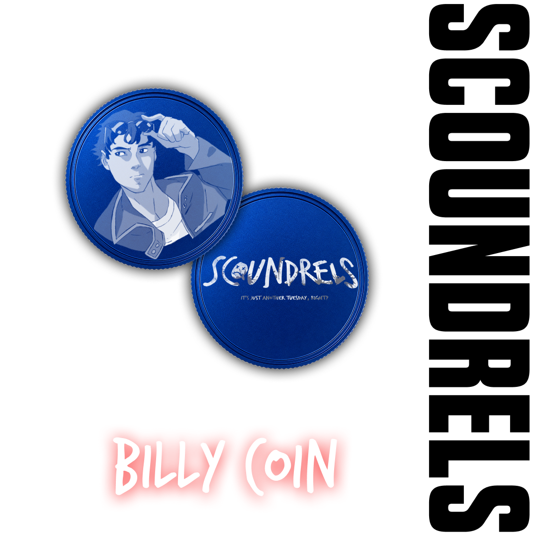 Billy Challenge Coin — official SCOUNDRELS merchandise. A deep-blue enamel challenge coin — Billy on the front, the SCOUNDRELS mark on the back.