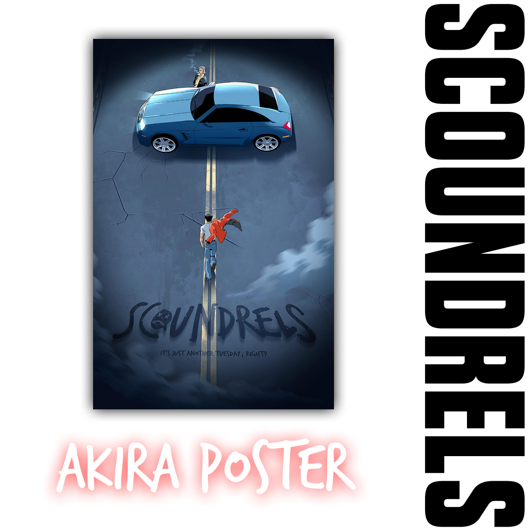 Akira Homage Poster — official SCOUNDRELS merchandise. The Cover E homage as a poster — Clyde walking away from the car, road stretching to nowhere.