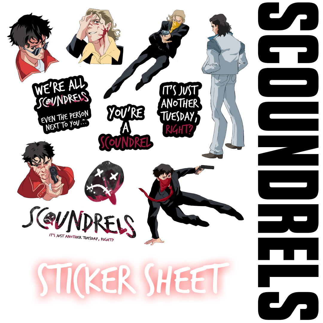 SCOUNDRELS Sticker Sheet — official SCOUNDRELS merchandise. A full sheet of die-cut stickers — the crew, the logo, and a lot of… Billy.